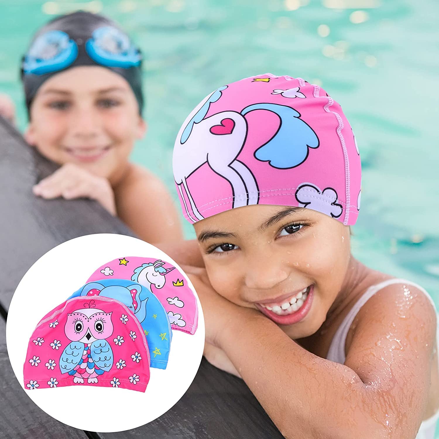 El Regalo 2 PCs Swim Cap Kids/Toddlers, Comfortable Breathable Polyester Fabric Swimming Caps Cute Cartoon Dolphin, Shark, Owl, Mermaid Fairy, Unicorn, Giraffe Swim Caps (Dolphin & Unicorn)
