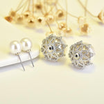El Regalo Beautiful Double Sided Pearl Earrings for Women - Elegant Crown Rhinestone Front Back Studs | Korean Style Moti Earrings (Silver White)