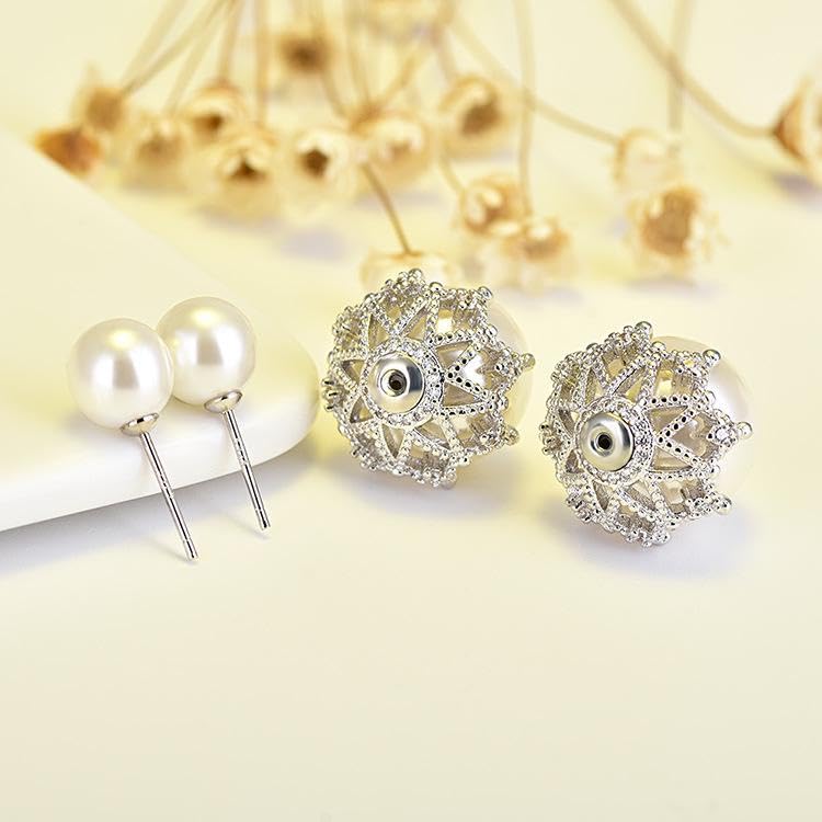 El Regalo Beautiful Double Sided Pearl Earrings for Women - Elegant Crown Rhinestone Front Back Studs | Korean Style Moti Earrings (Silver White)