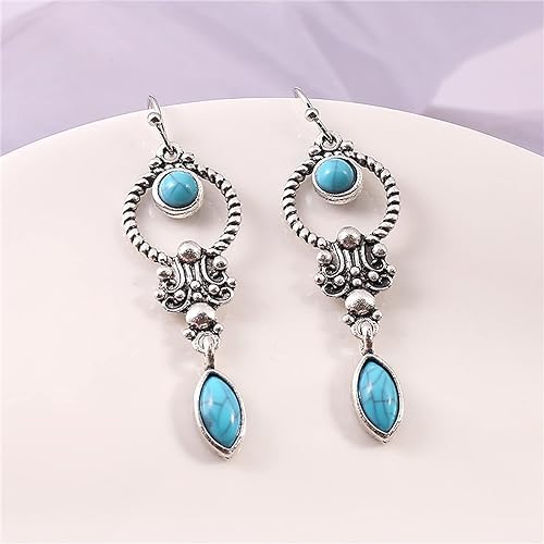 El Regalo Small Handmade Vintage Silver Tone Simulated Turquoise Dangle Drop Earrings for Women Girls- Retro Blue Stone Earrings