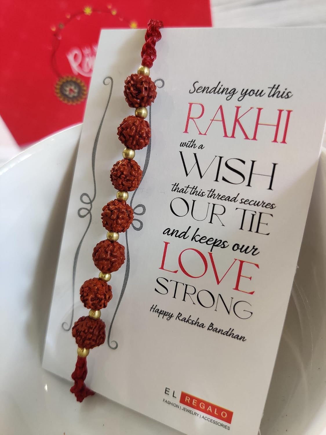 El Regalo Unisex-Adult 1 Pc Rudraksha Rakhi For Brother Lord Shiva With Shagun, Rakhi Message Card In Rakhi Gift Box For Bhai (Rudraksha Multi Beads)