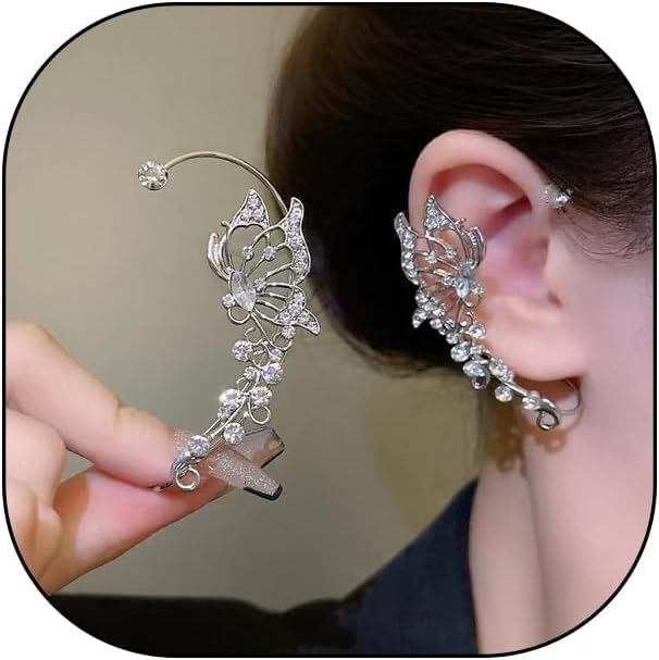 El Regalo 2PCS Butterfly Earrings Ear Cuffs Climber Wrap Around Earrings for Women/Girls- Fancy No Piercing Ear Clip Fairy Ear Jewelry (Silver)