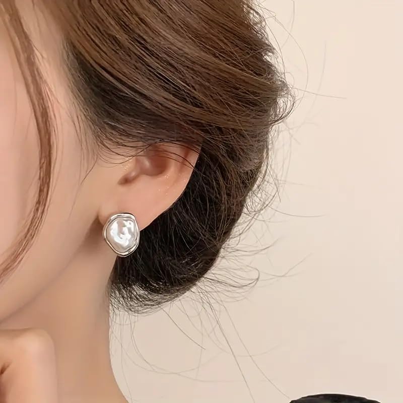 El Regalo Womens Classic Baroque Faux Pearl Stud Earrings, Elegant French Style, Irregular Pearl Stud Earrings- Elegant Vintage Style Irregular Geometric (Abstract Silver Pearl)