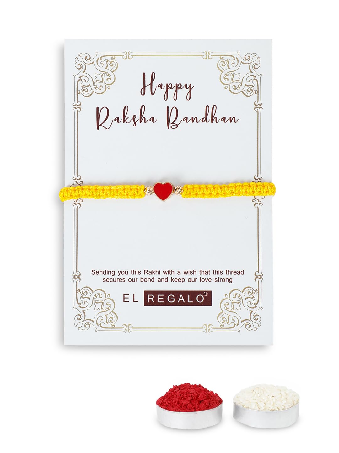 El Regalo 1PC Elegant Heart Bracelet Rakhi for Brother/Bhai with Roli-Chawal & Rakhi Gift Box - Handwoven, Minimalist Design & Beautifully Packed (Yellow)
