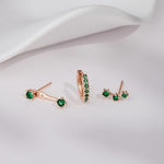 El Regalo 3 Pairs CZ Earrings Set - 14K Gold Plated Dainty Stud & Huggie Small Hoops for Women | Cartilage Earrings for Multiple Piercing | Trendy Stacking Jewellery (Green)