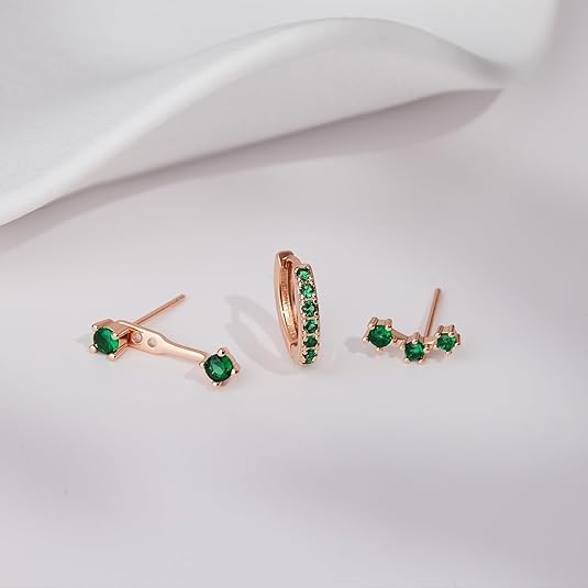El Regalo 3 Pairs CZ Earrings Set - 14K Gold Plated Dainty Stud & Huggie Small Hoops for Women | Cartilage Earrings for Multiple Piercing | Trendy Stacking Jewellery (Green)