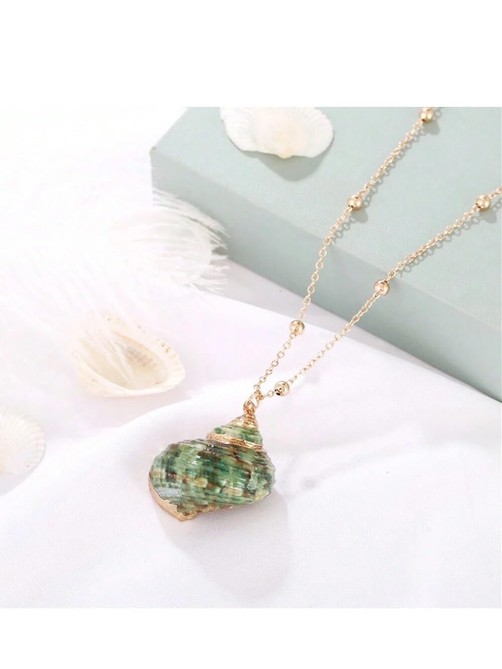 El Regalo Retro Green Cowrie Shell Golden Electroplated Necklace for Girls & Women | Bohemian Style Cowrie Sea Shell Handmade Beach Necklace