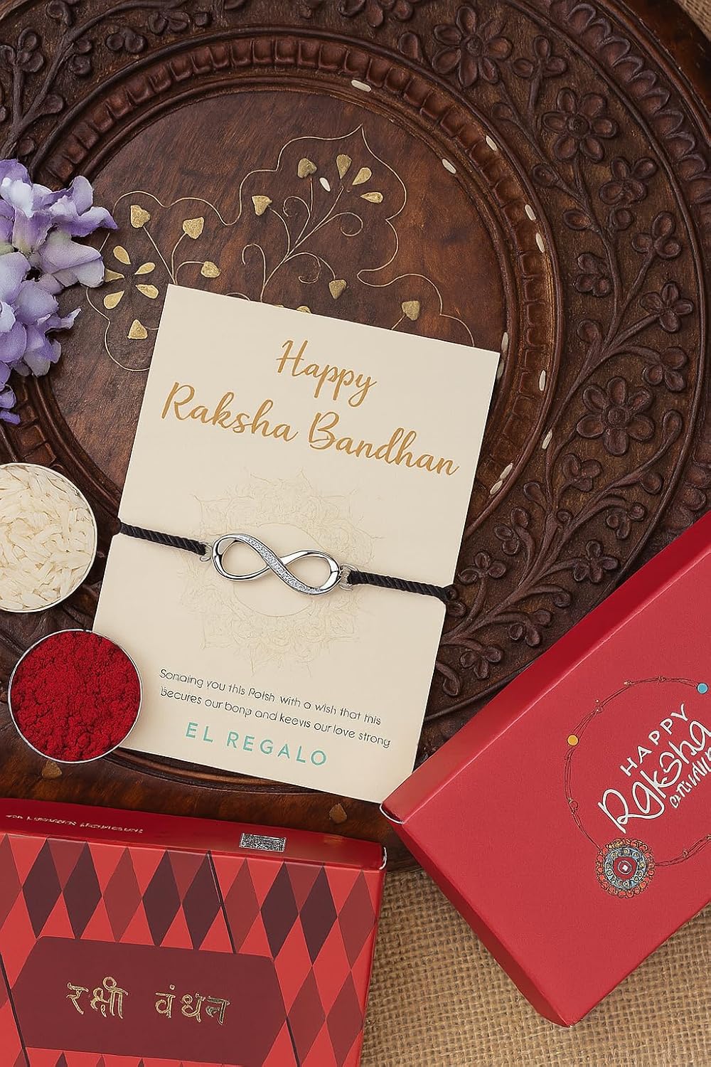 El Regalo 925 Silver Plated CZ Infinity Charm Rakhi for Brother - Elegant Bracelet Rakhi with Roli Chawal, Message Card & Rakshabandhan Box