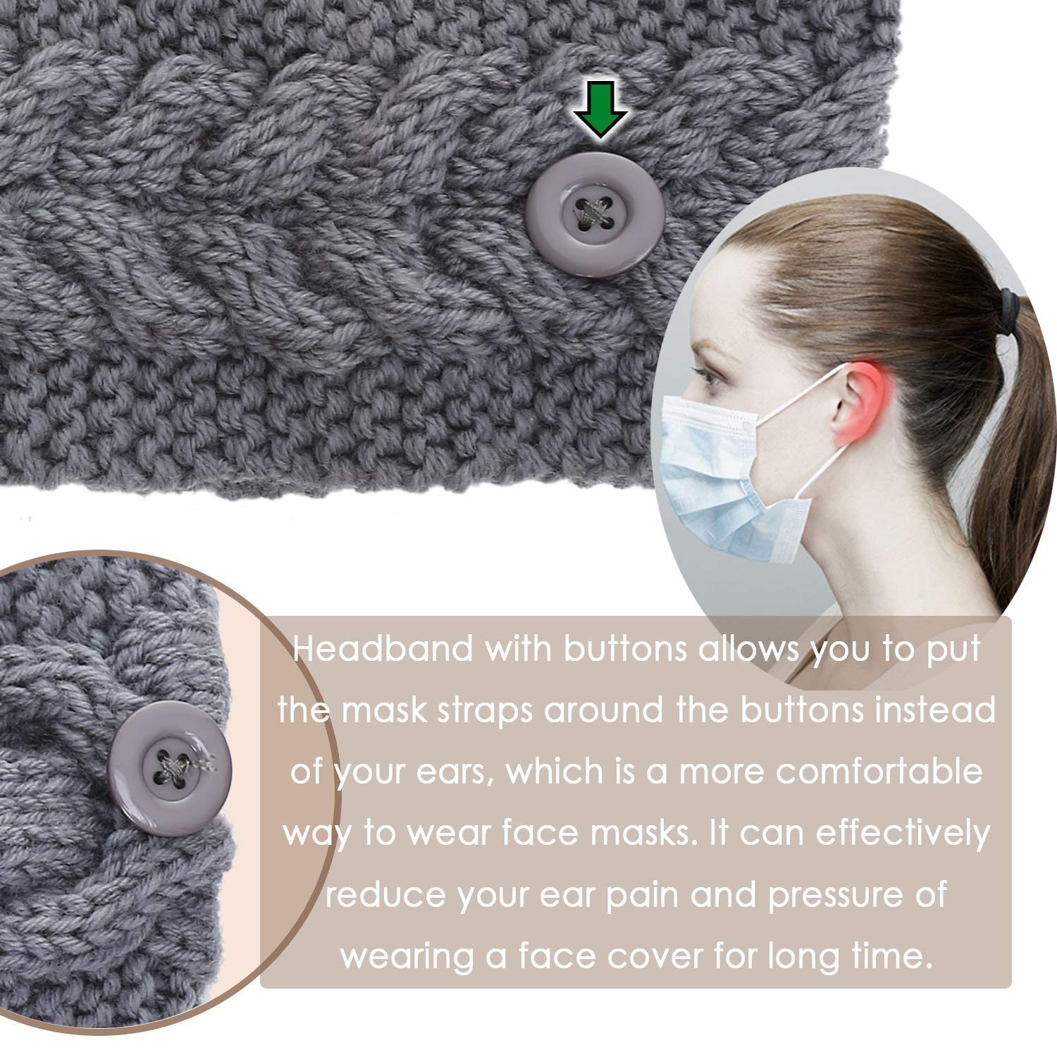 El Regalo Knitted Winter Twist Warm Wool Headband with Buttons for Face Mask Cover for Unisex (Grey)