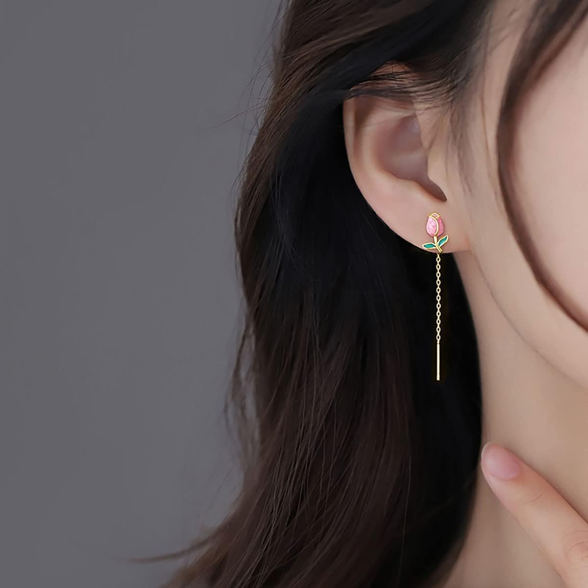 El Regalo Tulip Flower Threader Tassel Earrings for Women Teen Girls- Pink Flower Bud Dangling Chain Studs Earrings- Needle Thread Earrings