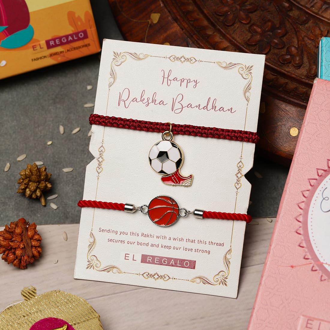 El Regalo Quirky 2PC Sports Rakhi for Kids | 2 Sport Balls Rakhis Combo Set for Brother/Niece/Nephew- Rakhi for Sports Lovers Bhai with Roli-Chawal, Message Card in Rakhi Gift Box (Option-5)
