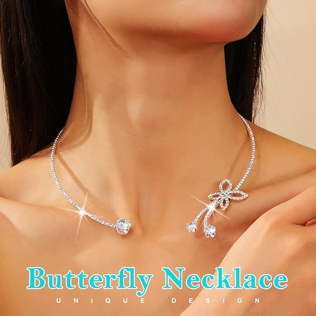 El Regalo Modern CZ Choker Necklace for Women & Girls | Minimalist Open Zircon Butterfly & Lariat Pearl Designs | Elegant Western Party Jewellery | Silver-Plated Statement Neckpiece | Ideal Birthday & Anniversary Gift (Butterfly Open Choker)