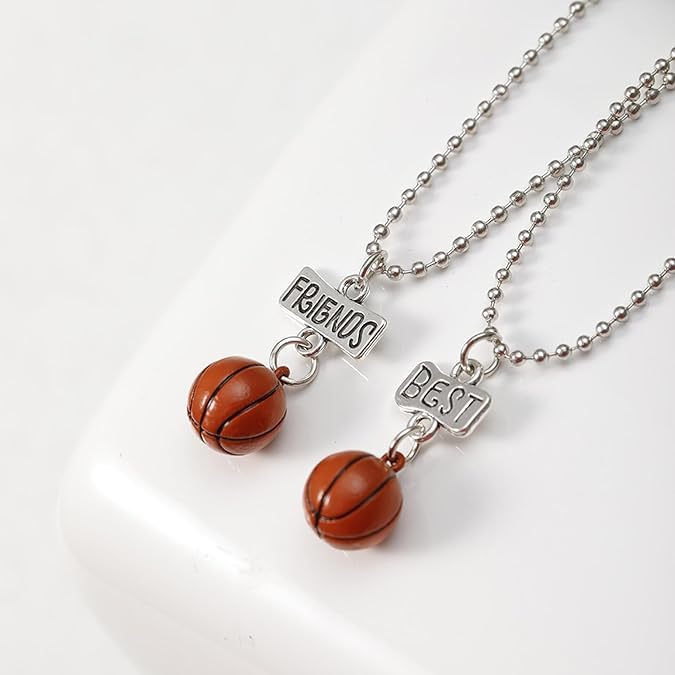 El Regalo 2PCs Best Friends 3D Basketball Necklace Set- BFF Basketball Sports Necklaces Set for Girls & Boys (Brown)