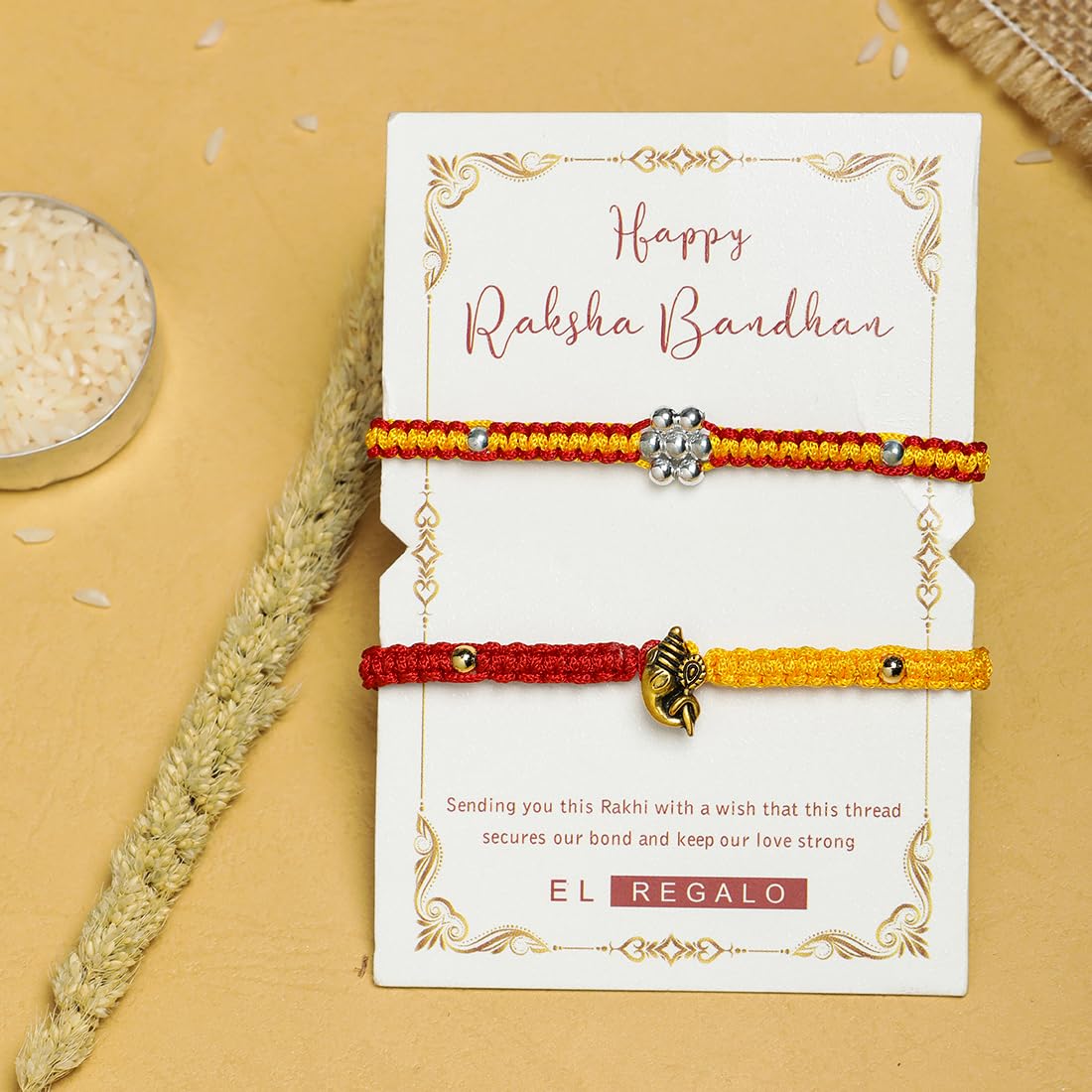 El Regalo 2 Hamsa Hand Evil Eye OM Rakhi Combo - Rakshabandhan Moli Charms Rakhi with Message Card & Roli Chawal Shagun in Rakhi Box for Bhaiya/Babhi/Bhatija/Bhatiji (Option-2)