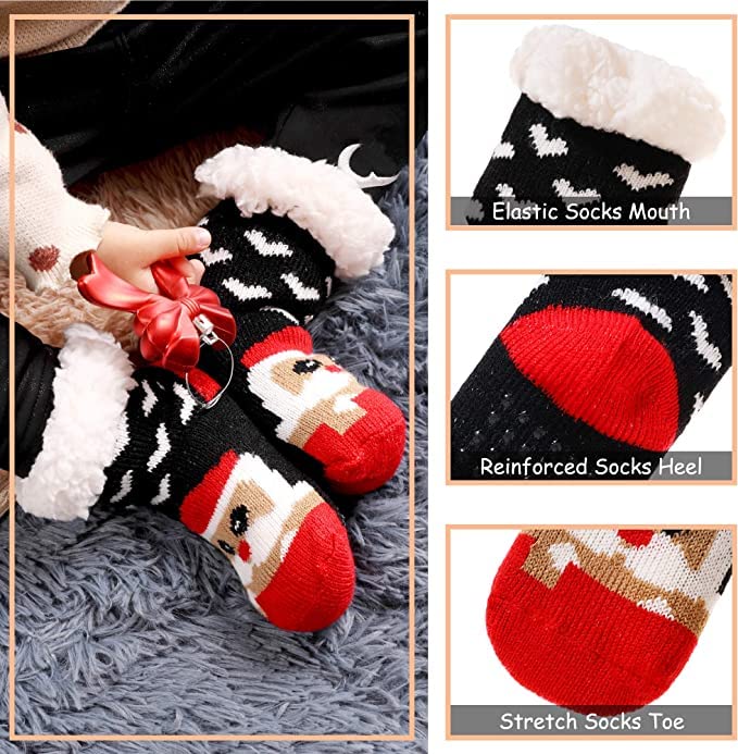 El Regalo 1 Pair Thermal Fluffy Casual Socks For Kids- Girls/Boys - Soft Warm Fleece Lining Knitting Non-Slip Winter Slipper Socks - Christmas Santa, Heart & Giraffe (Red Santa Socks, 3-6 Years)