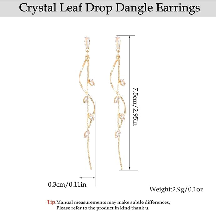 El Regalo Long Copper Zirconia Rhinestone Leaf Drop Dangle Earrings for Women | Korean Style Vine Fringe Earrings | Classy Party, Wedding & Casual Earrings Jewelry (Gold)