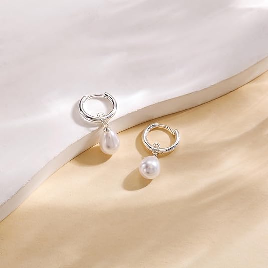 El Regalo Stainless Steel Pearl Drop Hoop Earrings for Women | Small Huggie Hoop Earrings with Pearl Pendant | Waterproof Anti Tarnish Modern Earrings for Girls | Minimalist Cute Jewelry (Silver)