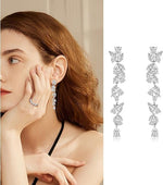 El Regalo Womens Leaf Cubic Zirconia Bridal Earrings for Wedding- Teardrop Crystal Chandelier Dangle Earrings - Flower Vine Diamond Drop Earrings
