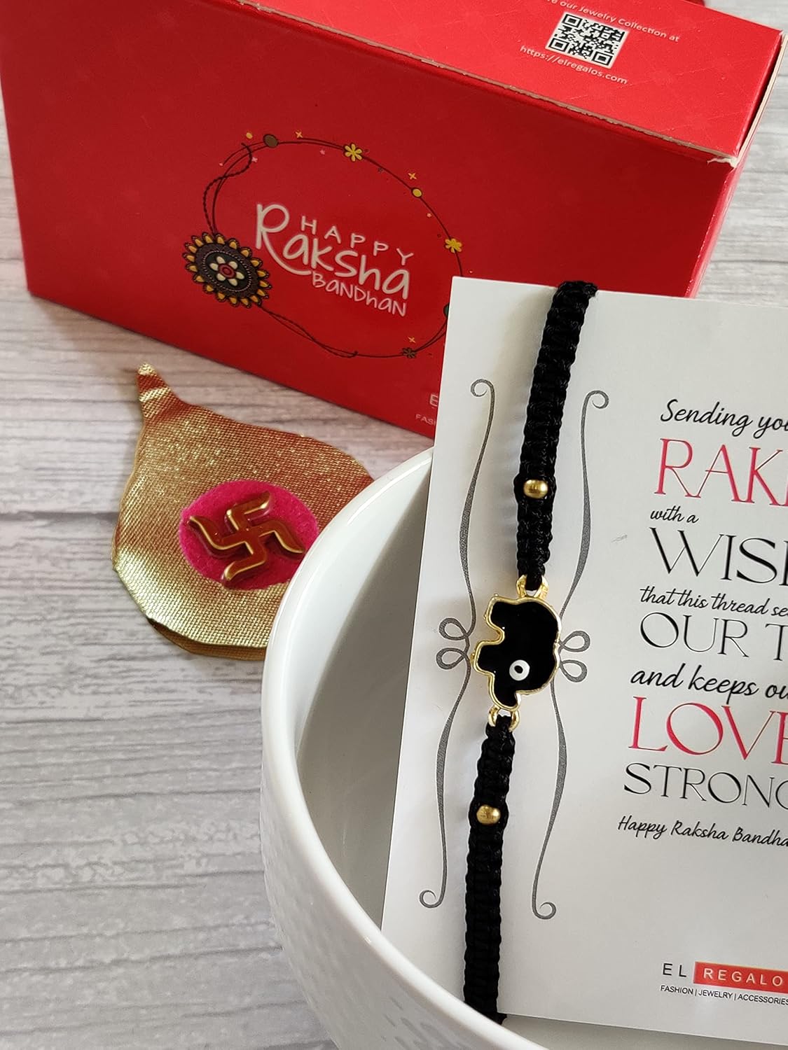 El Regalo 1PC Elephant Evil Eye Rakhi for Brother with & Message Card in Gift Box (Black Elephant Black Rakhi)