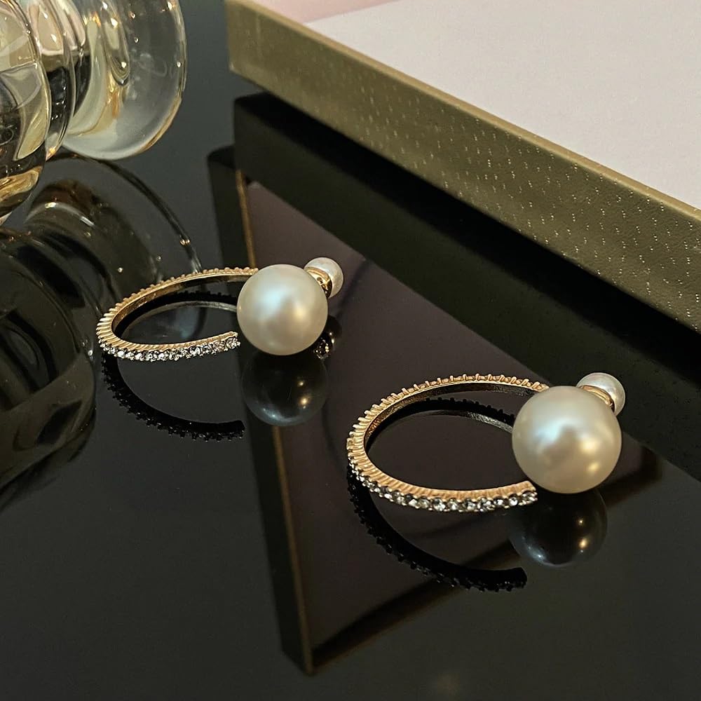 El Regalo Unique Pearl Hoop Earrings - Open C-Shape, Geometric Pearl & Rhinestone Inlay, French Fashion, Exaggerated Statement Earrings for Women & Girls