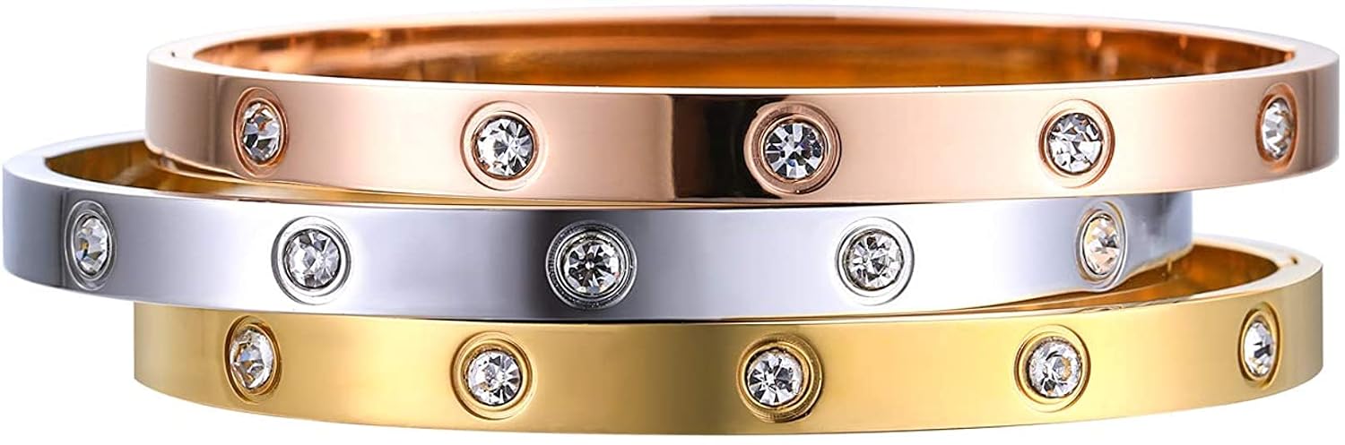 El Regalo Stainless Steel Bangle Bracelet with Cubic Zirconia/CZ for Women - Stainless Steel Openable Bracelet with Magnetic Lock (Rose Gold)