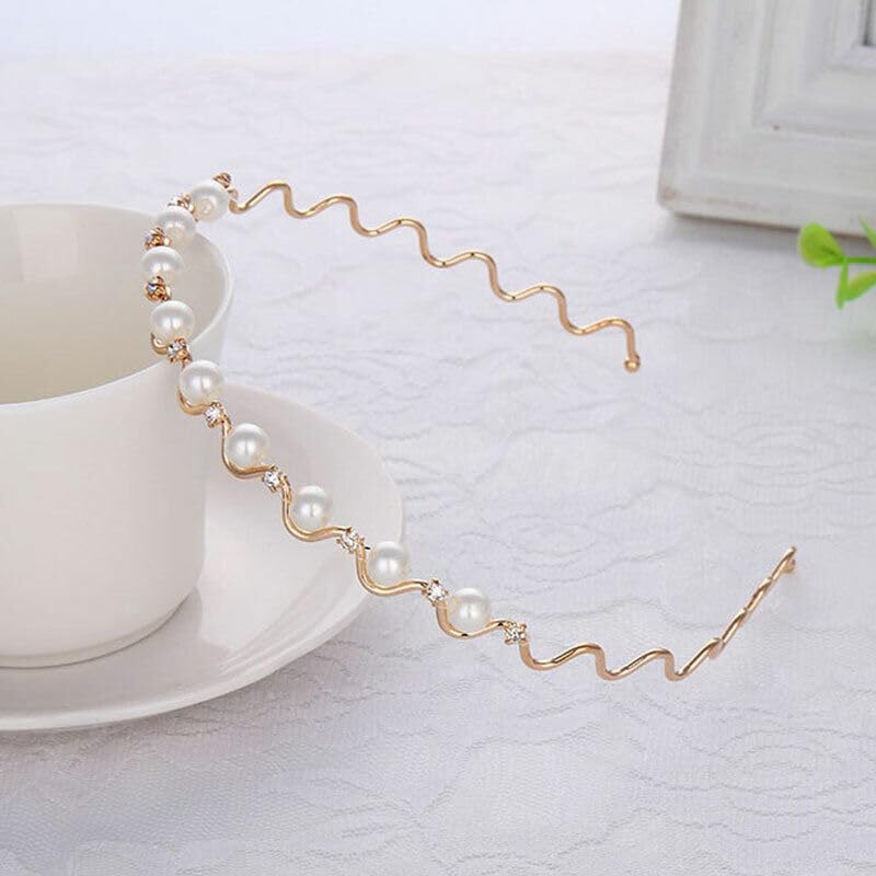 El Regalo Womens & Girls 3 Pcs Pearls Reheinstnes Hairbands Set- 3Pcs Wave Shape Headbands Pearls Rhinestones Inalid Fashion Hair Bands
