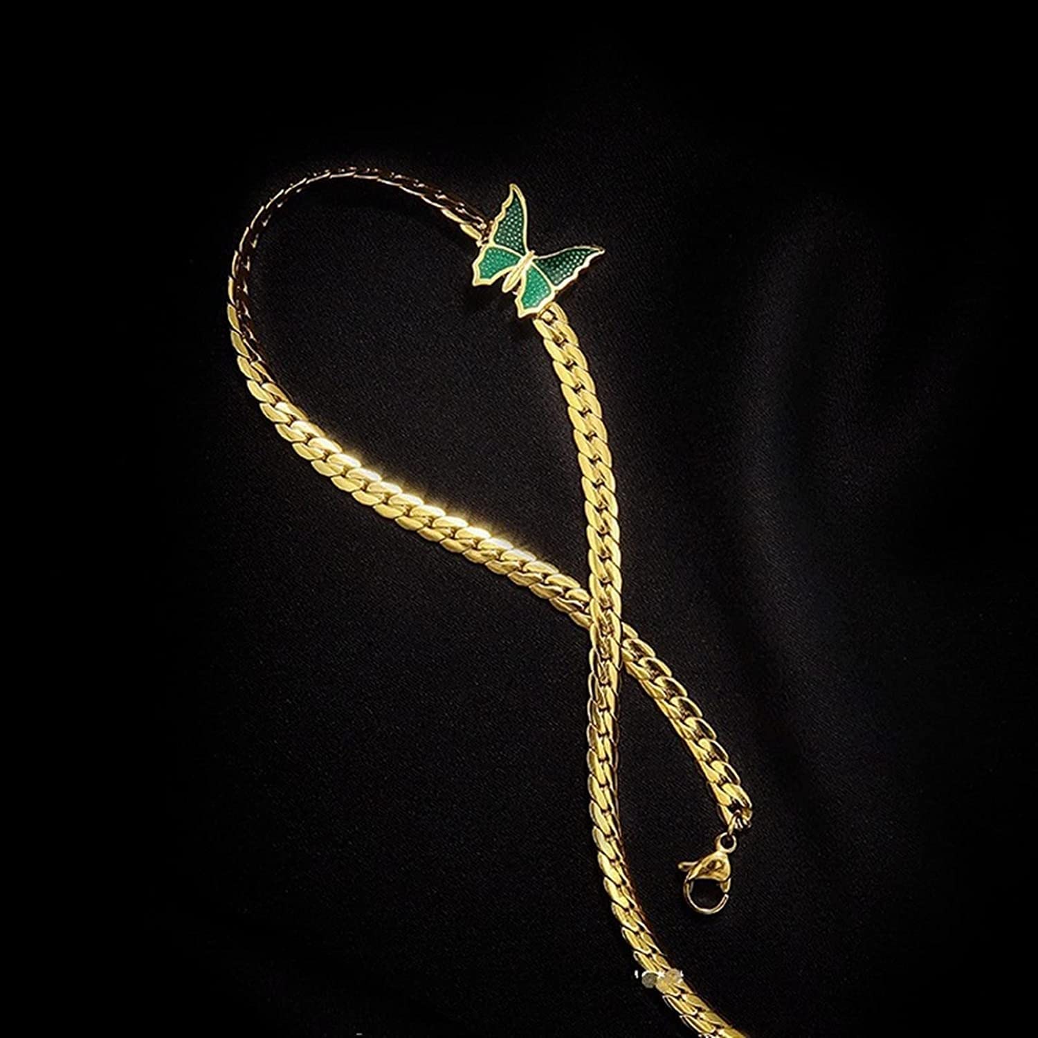 El Regalo 18K Gold Waterproof Vintage Green Enamel Butterfly Choker Cuban Chain Necklace- Stainless Steel NO RUST/ANTI TARNISH Butterfly Flat Snake Chain Necklace for Girls & Women
