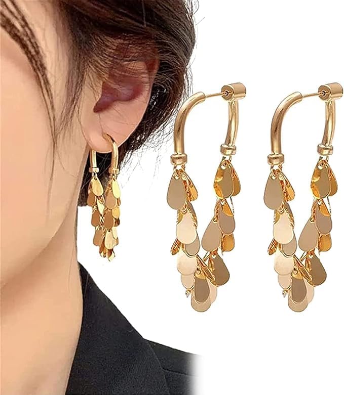 El Regalo Western Golden Coin Pendant Hoop Earrings - Classic Hoops with Light Disc Charms - Elegant and Versatile Jewelry for Women - Luxurious and Sophisticated Design (Front Back Tassel Hoop)
