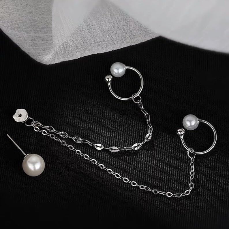 El Regalo Women's 1 Pair Pearl Studs Ear Cuff Earrings- Tassel Chain Imitation Pearl Punk Style Ear Cuff Clip Earrings
