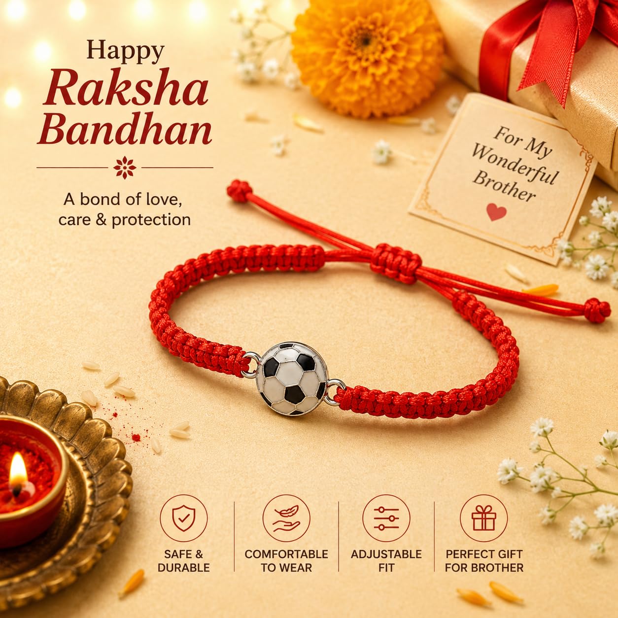 El Regalo 1PC Sports Balls Rakhi for Brother- Cute & Fancy Balls Bracelet Rakhi for Sports Lover Brother with Roli Chawal in Rakhi Gift Box (Soccer Ball)
