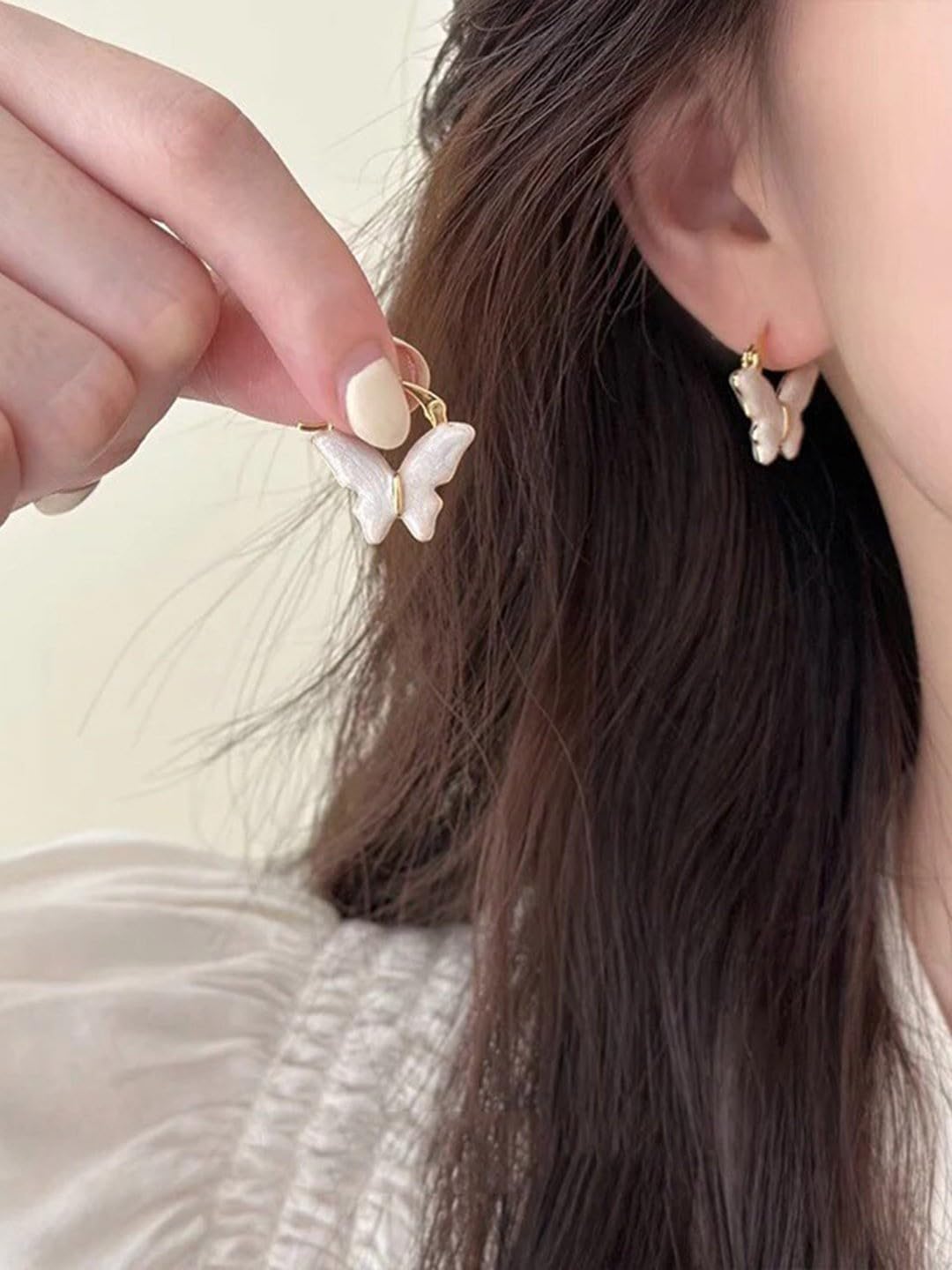 El Regalo Elegant Butterfly Hoop Earrings for Girls & Women- Exquisite White Enamel Butterfly Hoop Earrings