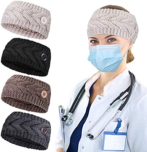 El Regalo Knitted Winter Twist Warm Wool Headband with Buttons for Face Mask Cover for Unisex (Black)