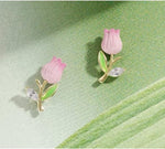 El Regalo Cute & Tiny Pink 3D Tulip Flower CZ Crystal Stud Earrings for Girls & Women