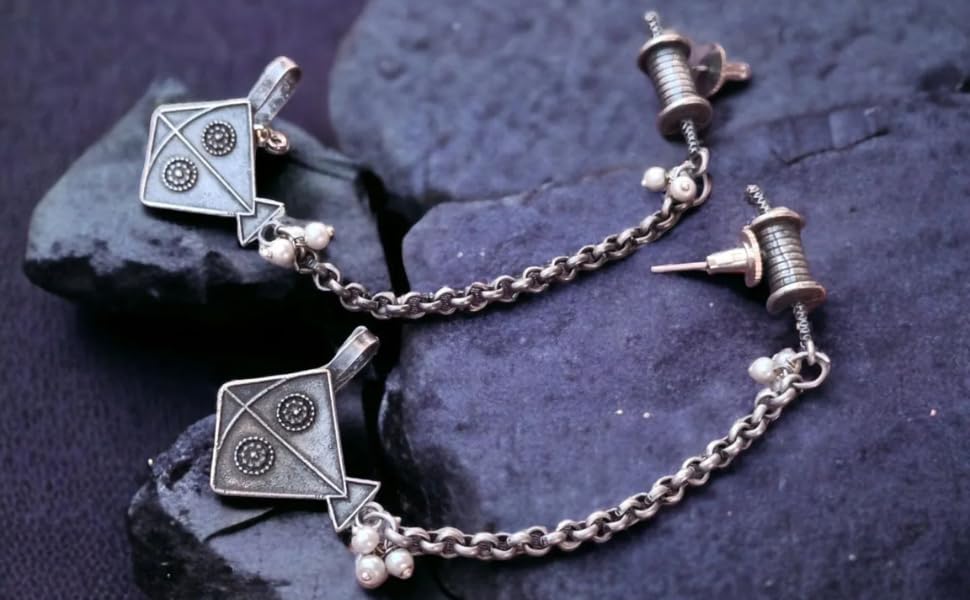El Regalo Ethnic Oxidized Kite & Chkari Ear Cuffs - Handmade Silver Lookalike Ghunghru Earrings with Ear Clips for Women & Girls - Antique Brass Earrings with Chain Connection