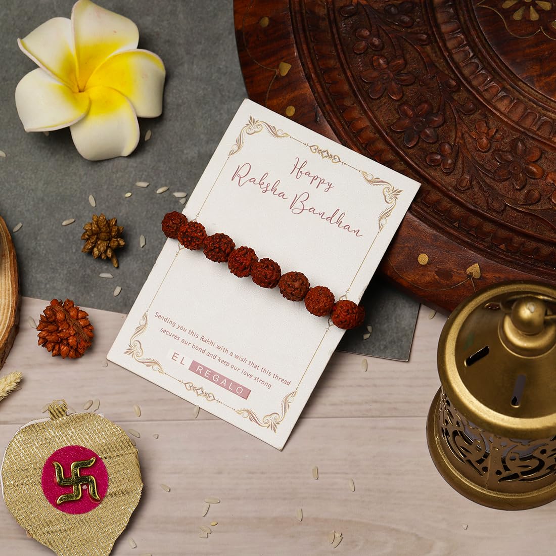 El Regalo Auspicious Natural Rudraksha Rakhi for Brother- Lord Shiva Rudraksha Beads Rakhi with Roli Chawal, Rakhi Message Card in Rakhi Gift Box