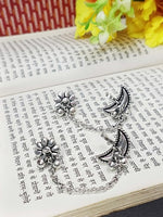 El Regalo Ethnic Oxidized Floral-Crescent Moon Ear Cuffs - Handmade Silver Lookalike Ghunghru Earrings with Ear Clips for Women & Girls - Antique Brass Earrings with Chain Connection