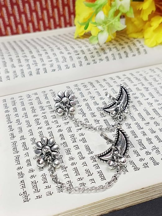 El Regalo Ethnic Oxidized Floral-Crescent Moon Ear Cuffs - Handmade Silver Lookalike Ghunghru Earrings with Ear Clips for Women & Girls - Antique Brass Earrings with Chain Connection