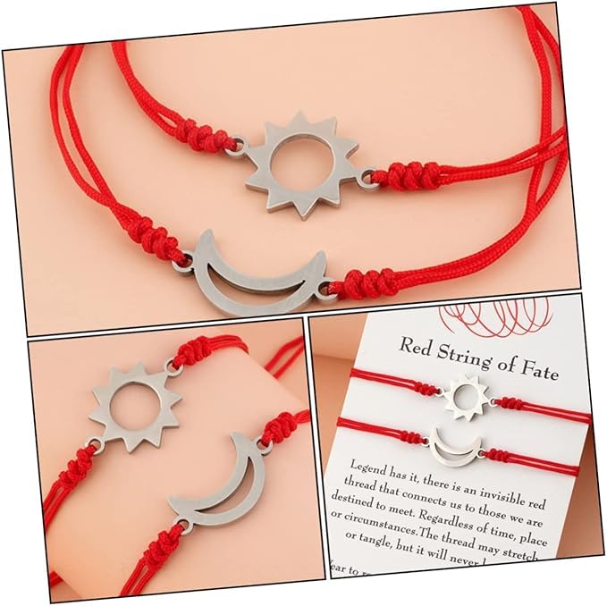 El Regalo Unisex-Adult 2PCs Sun Moon Red String of Fate Bracelets Set - Stainless Steel Sun Moon Bracelet Set for Best Friends/Couples/Besties