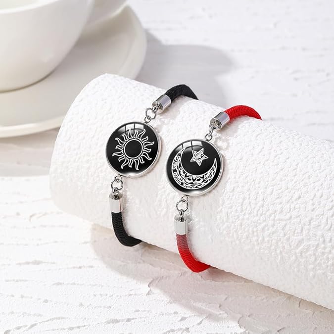 El Regalo 2PCs Sun Moon Luminous Couple Bracelets Set For Unisex Adult- Glow at Night Sun, Moon, Star Pinky Promise Bracelets (2 Black)