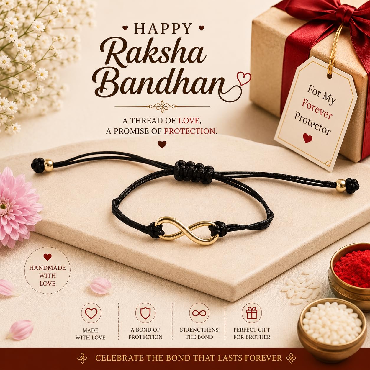 El Regalo 1PC Minimalist Infinity Rakhi for Brother- Simple Infinity Rakhi with Roli Chawal, Rakhi Message Card in Rakhi Gift box for Brother (Gold)