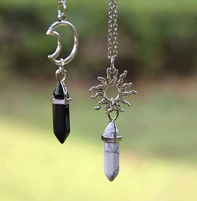 El Regalo 2Pcs BFF Best Friend Moon Sun Hexagonal Pointed Stone Pendant Necklace Set for Girls, Boys, Men, Women, Best Friend, Besties, Couples (Black & White)