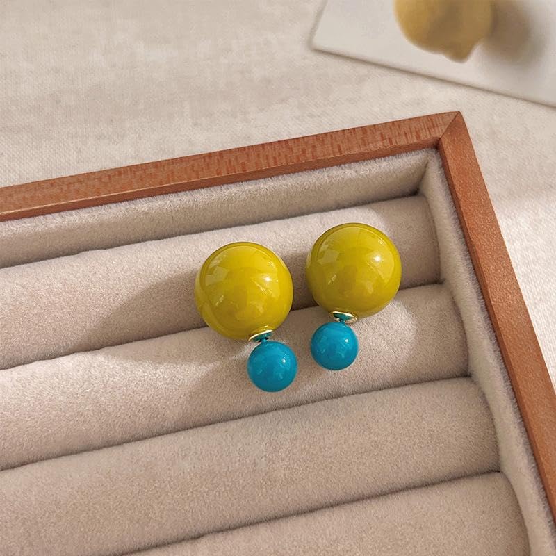 El Regalo 1 Pair Candy Colors 2 Way Beads Earrings- Front-Back Color Clossy Beads Contemporary Earrings for Girls & Women (Musturd Blue)