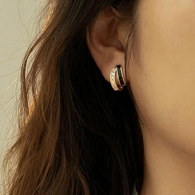 El Regalo Double Row C-Hoop Earrings for Women & Girls | Hypoallergenic Geometric Studs | Cubic Zirconia & Enamel/Shell Inlay | Elegant Daily, Office & Party Earrings Jewellery (Black)