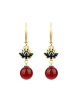 El Regalo Lotus Design Drop Earrings for Women & Girls - Gold Plated Enamel Earrings with Red Stone Bead Pendant - Ethnic & Contemporary Earrings