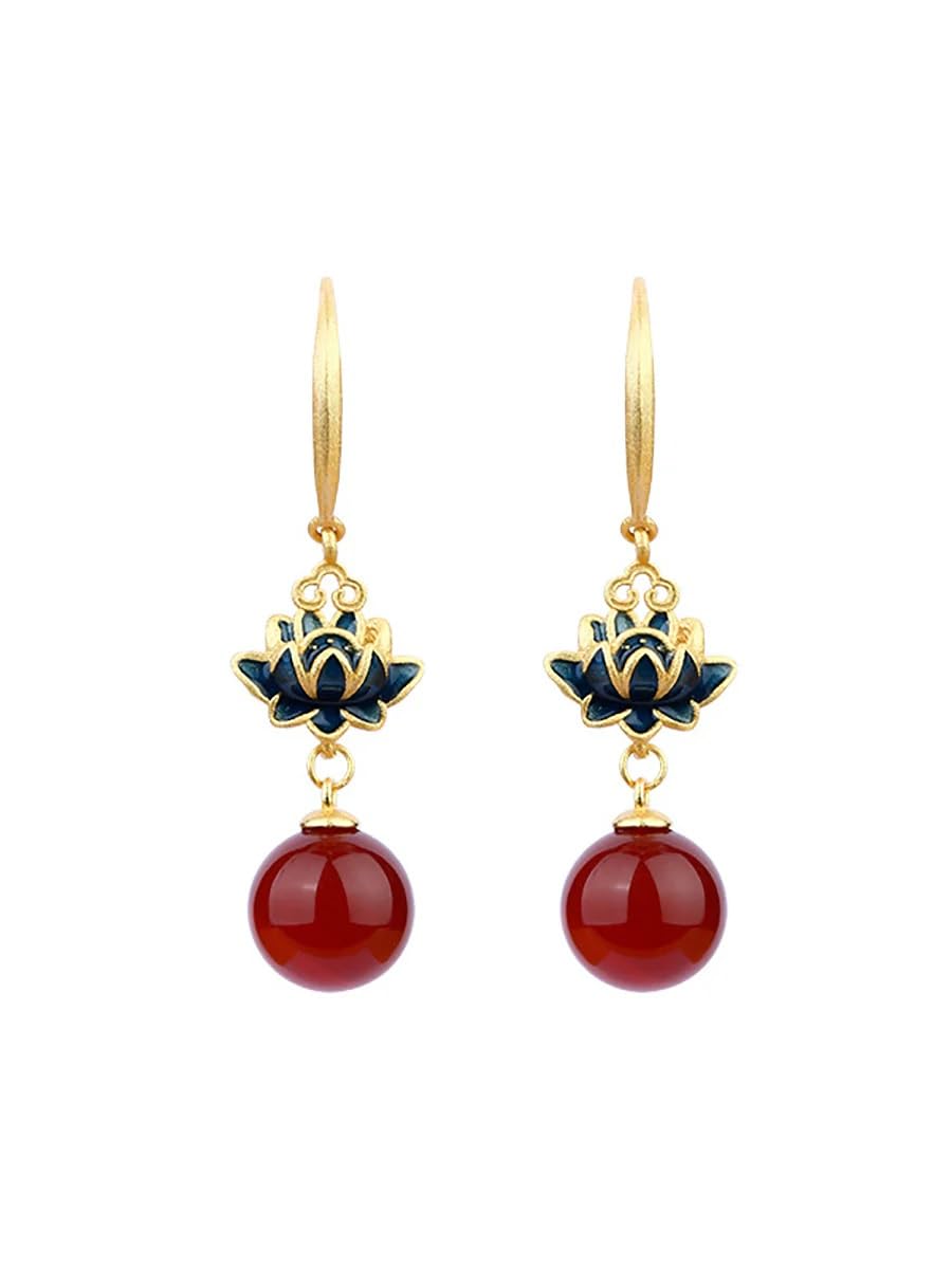 El Regalo Lotus Design Drop Earrings for Women & Girls - Gold Plated Enamel Earrings with Red Stone Bead Pendant - Ethnic & Contemporary Earrings