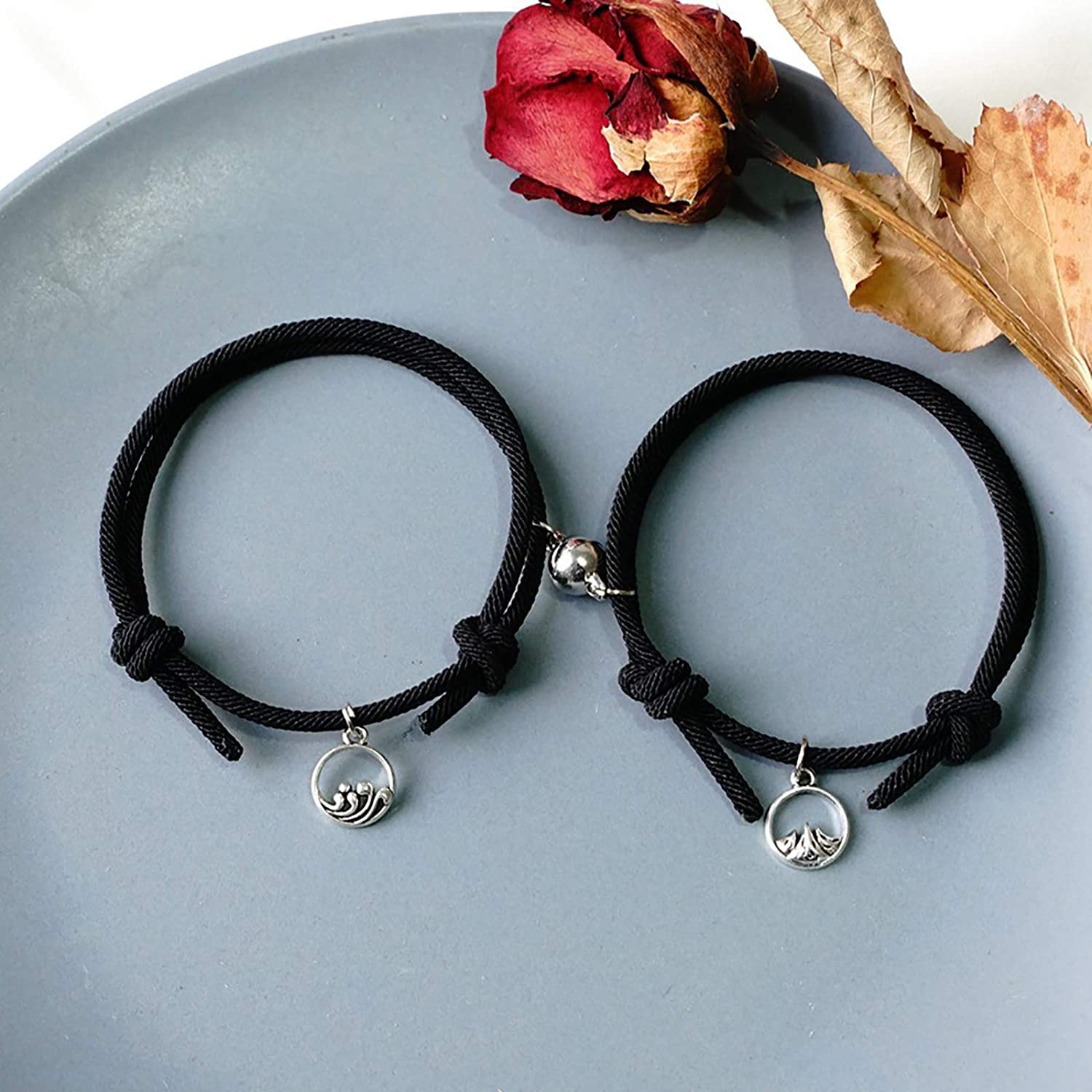 El Regalo 2 PCs Magnetic Couple Charm Bracelets Set for Best Friend- Mutual Attraction Magnet Matching Bracelets Rope Braided Bracelet Set for His Her Couples BFF Friendship Jewelry (2 PCs Black Set)