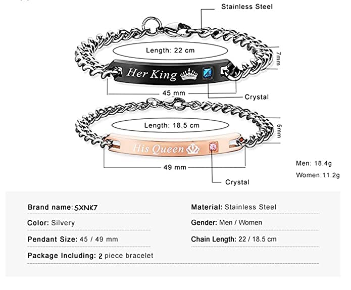 El Regalo Stainless Steel His and Hers Lovers Matching His Queen Her King Couple Bracelet for Women Men Girls Boys Jewelry Set Valentines Day Birthday Gift