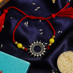 El Regalo 1PC Designer Red Thread Antique Stone Rakhi for Brother- Minimalist Antique Charm Rakhi with Roli Chawal, Rakhi Message Card in Rakhi Gift Box (Red Green)
