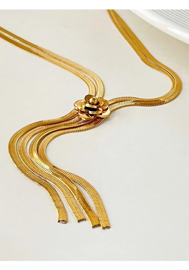 El Regalo 2-Strand Flat Snake Chain with Camellia Flower- Stainless Steel Herringbone Flower Tassel 2 Layered Chain Necklace