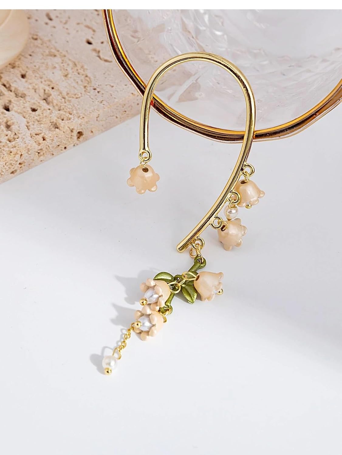 El Regalo 1 Pair Lily of the Valley Ear Cuffs Earrings for Women, Non Piercing Leaf Lily Flower Ear Cuffs Wrap Clip on Crawler Climber for Women